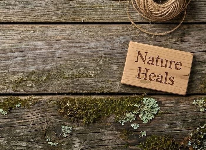 Nature Heals carved wooden sign