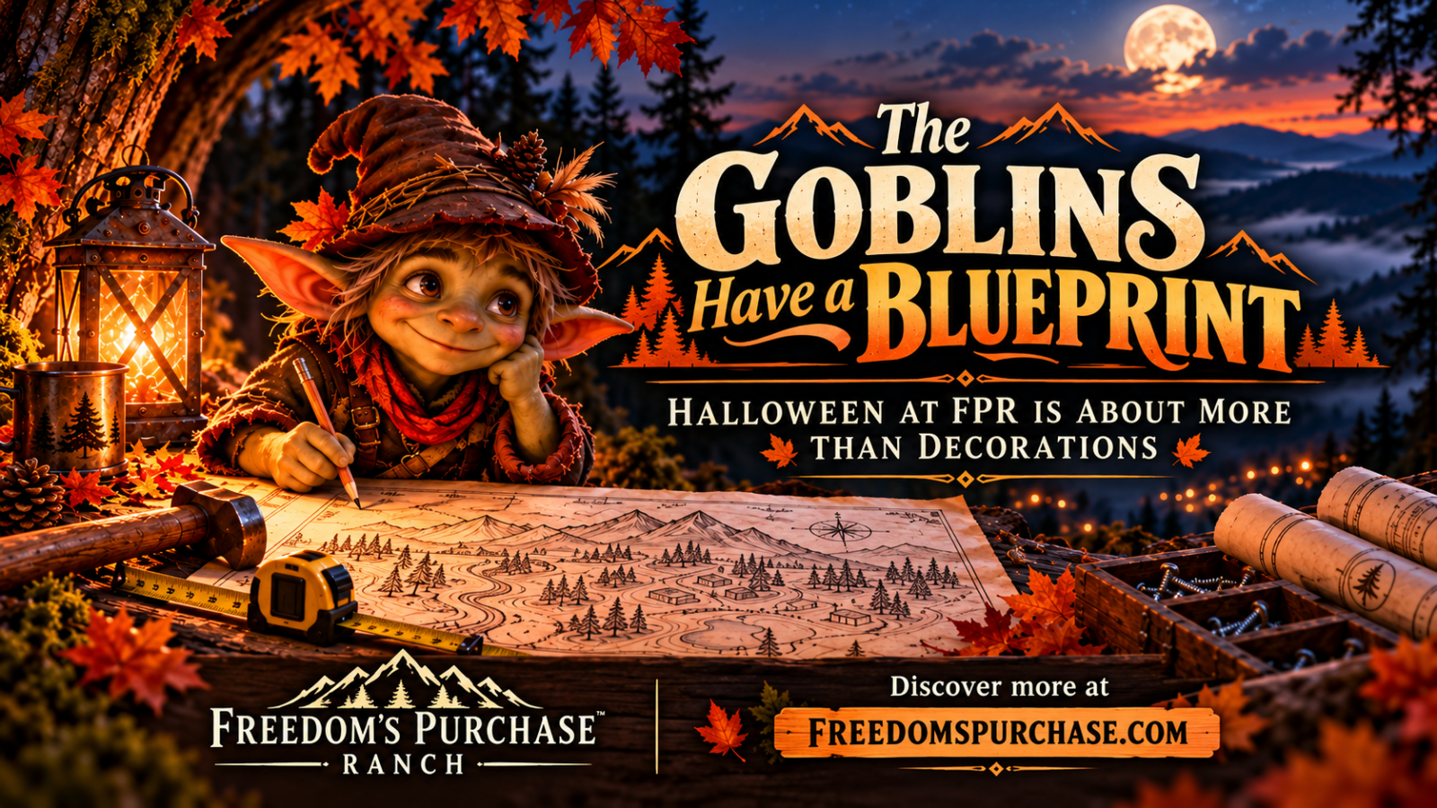 Friendly fictional goblin drawing a site blueprint by lantern light in a misty Appalachian mountain landscape.