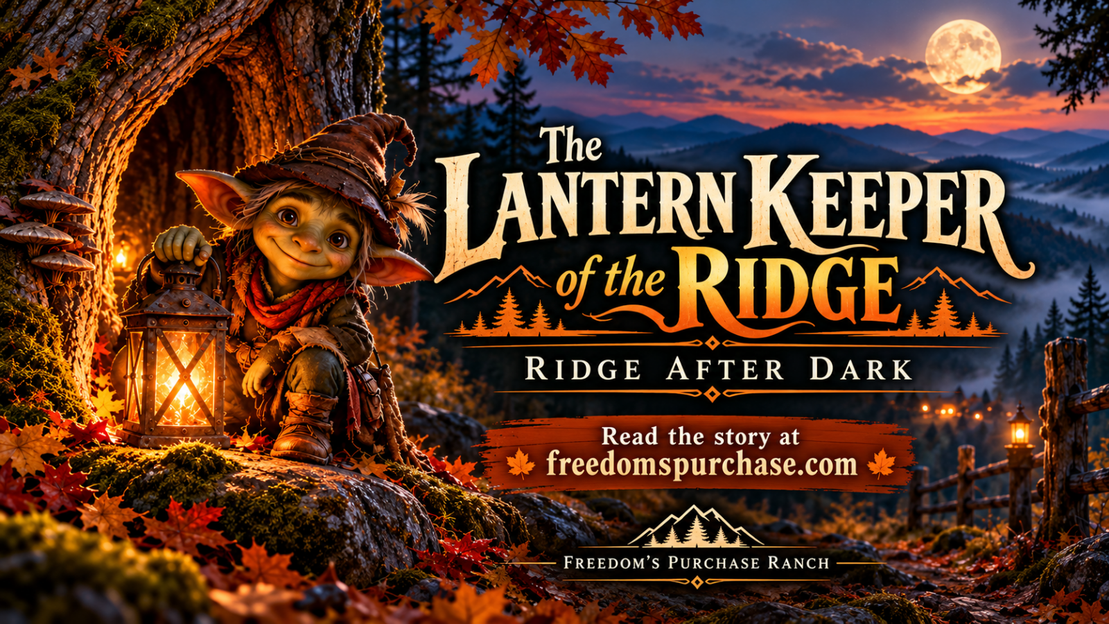 Wick the fictional mountain goblin sitting beside a glowing lantern in a moonlit Appalachian ridge scene, promotional Halloween illustration.