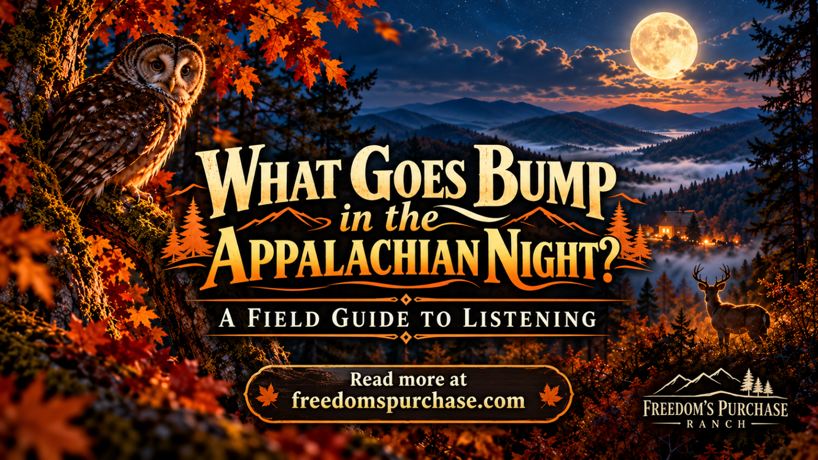 Illustrated Appalachian forest by moonlight with an owl and deer; promotional image for FPR's listening guide.